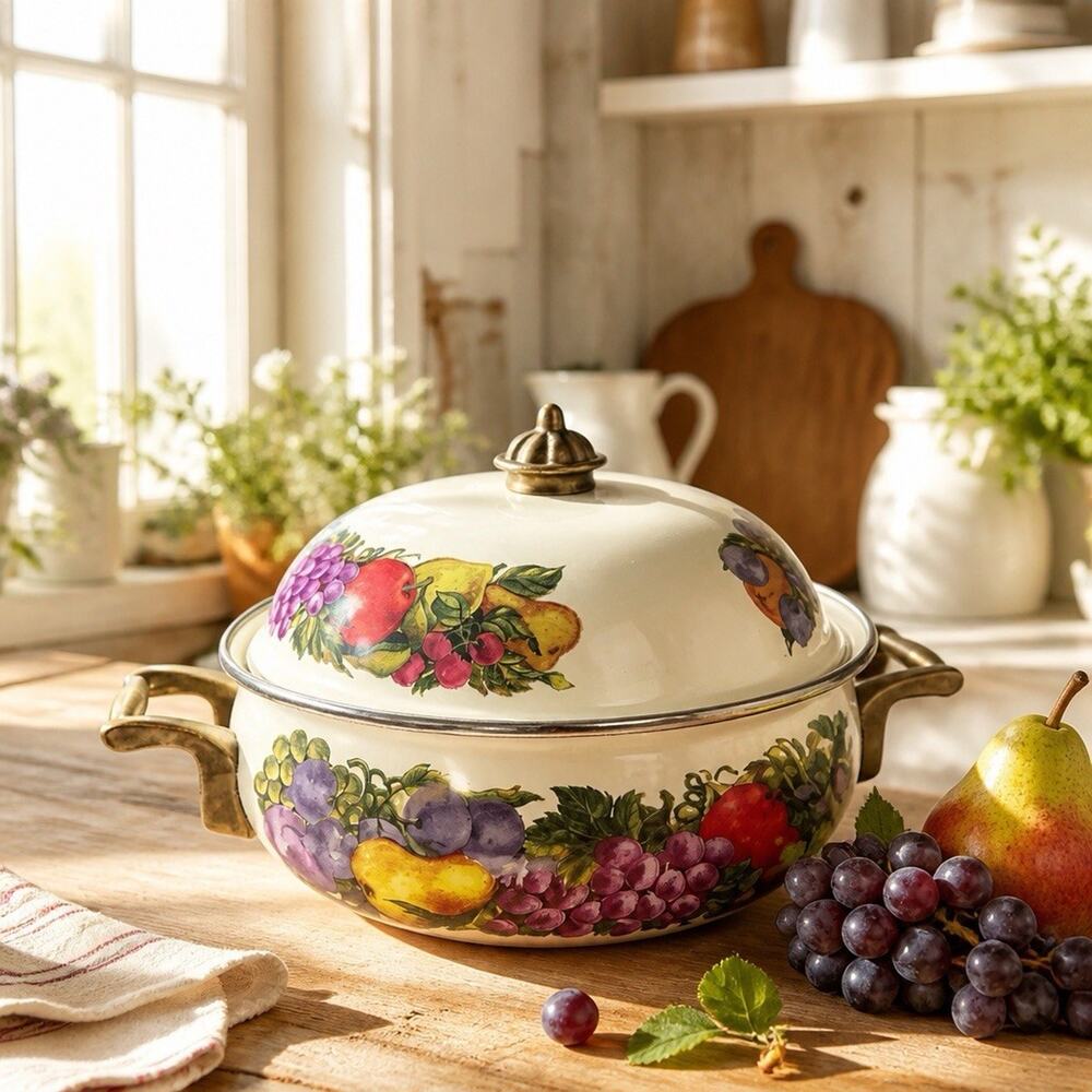 Vintage Enamel Cookware Pot w/ Lid Fruit Pattern Dutch Oven Pan Retro Kitchen